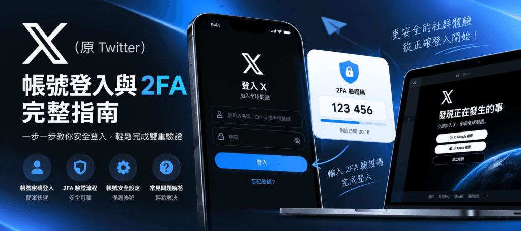 X(Twitter)帳號登入與雙重驗證(2FA)設定教學示意圖