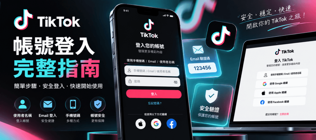 TikTok 帳號登入教學示意圖,展示手機與電腦登入畫面